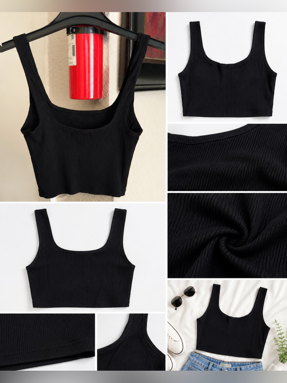 Fashion Nova Black Ribbed Square Neck Crop Tank